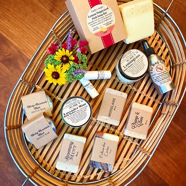 image of natural made soaps, body butter, essential oils, and lip balms