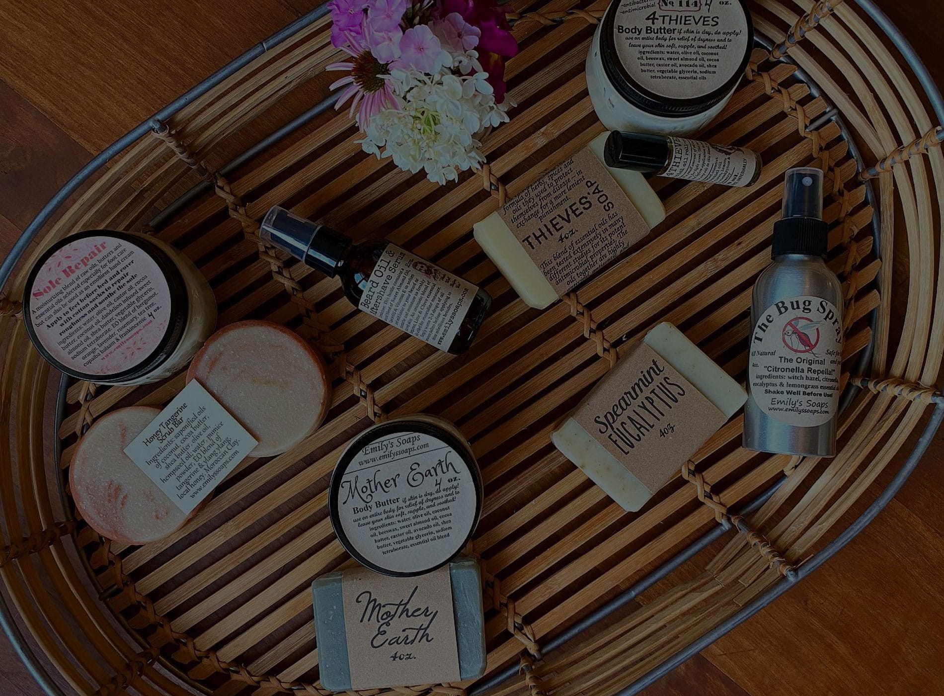 image of natural made soaps, body butter, essential oils, and lip balms